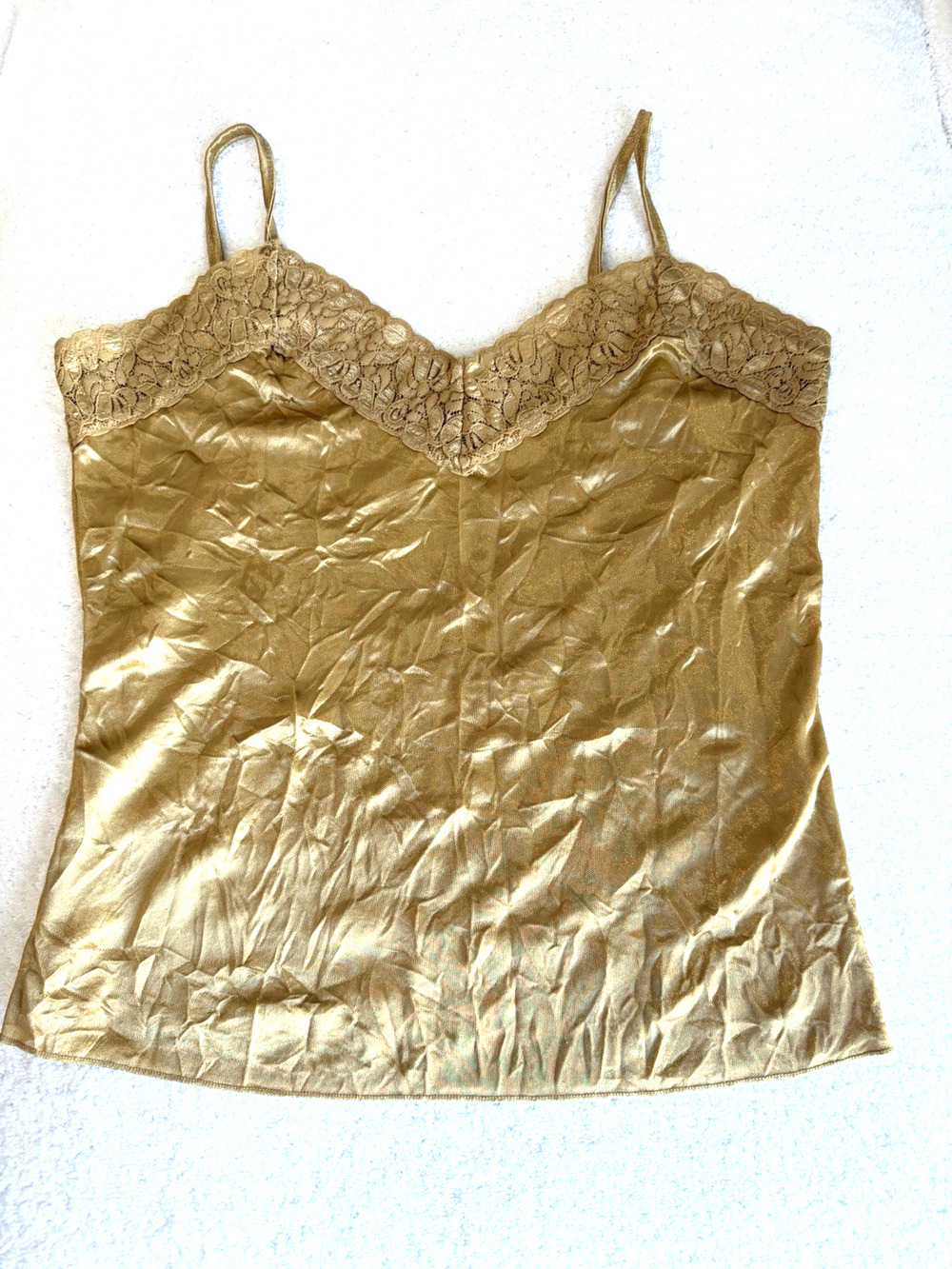 Cami Lace Trim Y2K Babydoll Tank Top Crinkle Fairy Coquette Gold Yellow Sz S